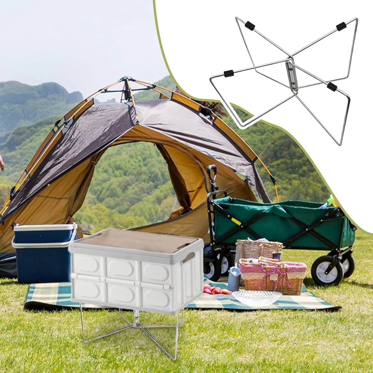 Camping Bag Stand - Camping Cooler Stand, Outdoor Camping Box Stand Anti-Moisture, Anti-Moisture Quick Unfold Storage Rack with Carry Bag, Non-Slip Foldable Stainless Cooler Bucket Frame for Yard