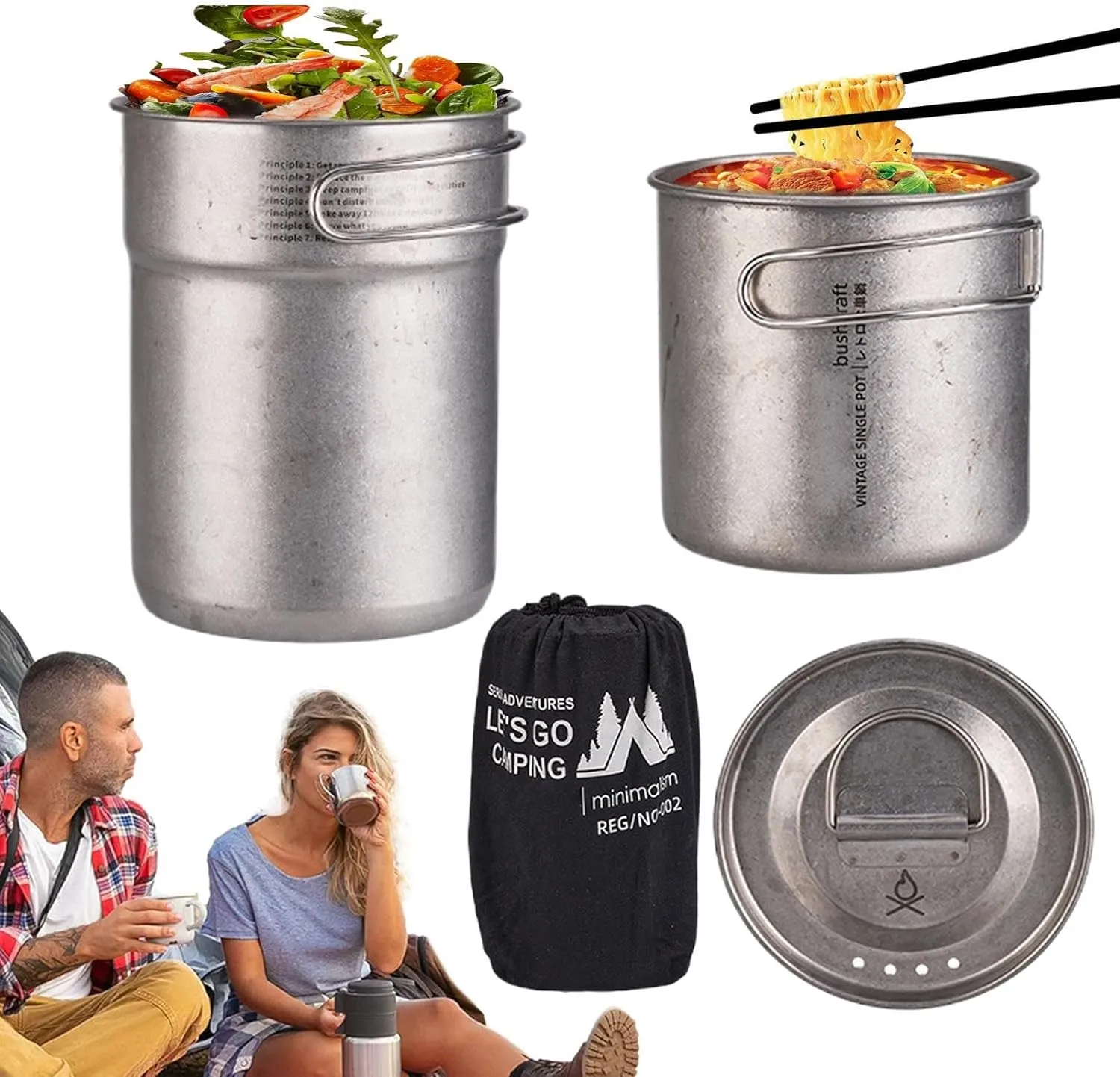 Camping Cooking Pot - Camp Kitchen Utensils, Stainless Steel Camp Cookware | Nesting Camping Pots, Outdoor Cookware Set, Portable Folding Pot Set of 2 with Handle for Bushcraft Travel Rv Camping Colle