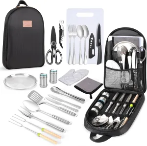 Camping Cooking Utensils Set Camping Essentials Camping Accessories Gear Must Haves Camper Tent for Camp Kitchen Cooking and Grilling, Ideal Gift for RV Tent Camper, Picnics, BBQs