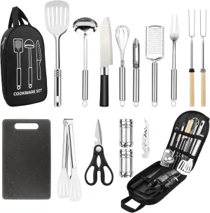 Camping Cooking Utensils Set, Stainless Steel Grill Tools, Camping BBQ Cookware Gear and Equipment for Travel Tenting RV Van Picnic Portable Kitchen Essentials Accessories
