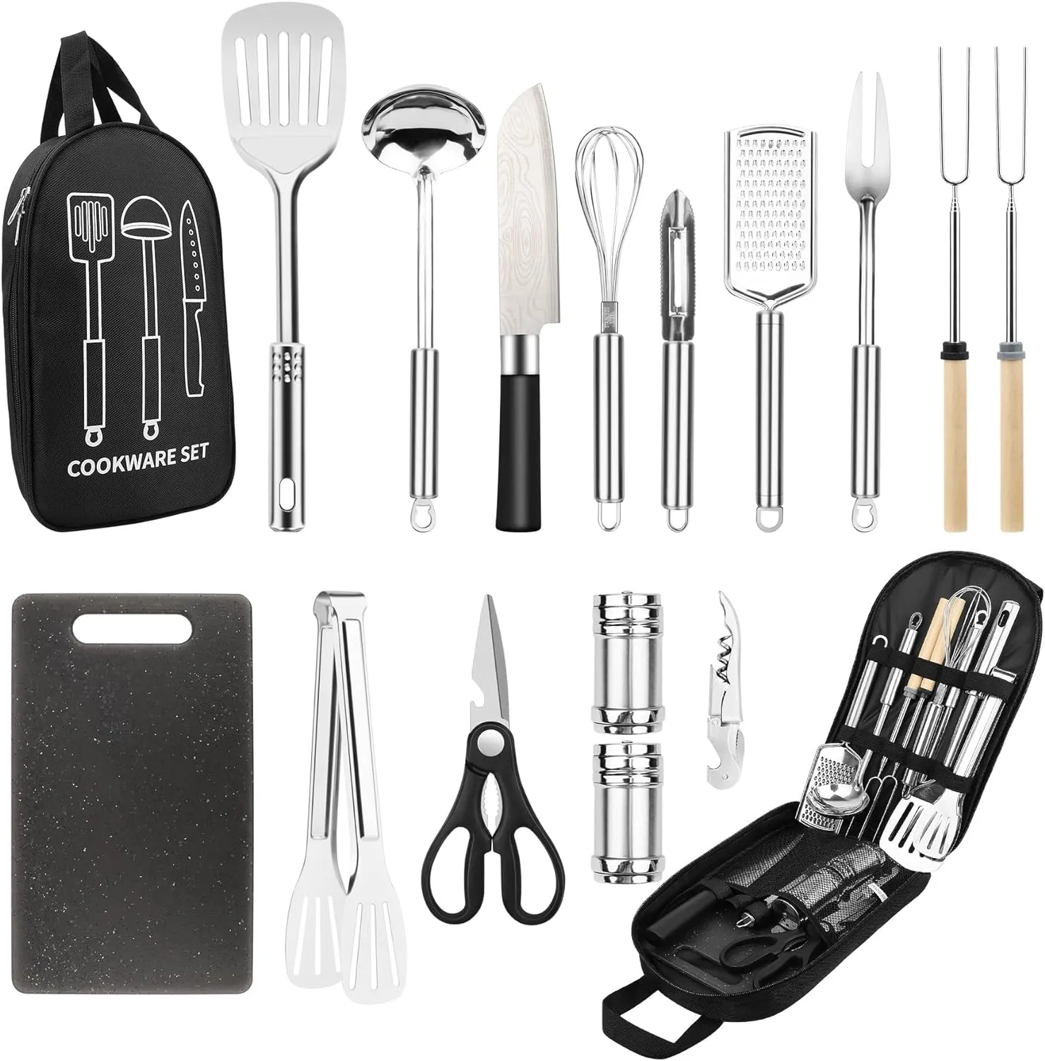 Camping Cooking Utensils Set, Stainless Steel Grill Tools, Camping BBQ Cookware Gear and Equipment for Travel Tenting RV Van Picnic Portable Kitchen Essentials Accessories