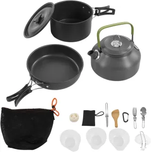 Camping Cookware Set, Lightweight and Compact Cookware, Durable Pots and Pans Base Dinner Cutlery for Hiking, Picnic, Outing with Mesh Carry Bag