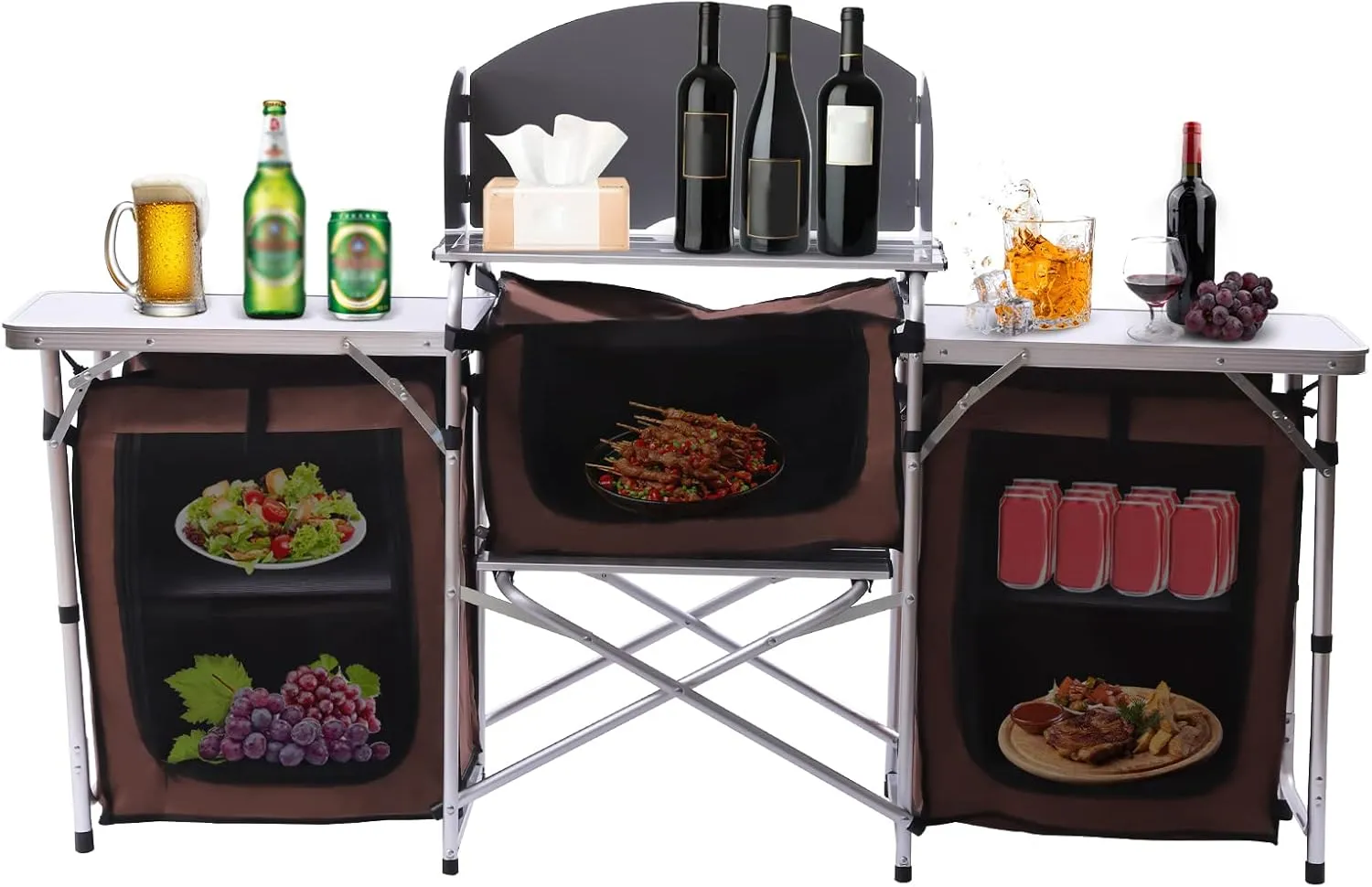 Camping Kitchen Table Camp Kitchen Station with 3 Storage Cupboards Detachable Windscreen Aluminum Camping Table with Storage Foldable Outdoor Cooking Table for Picnics BBQ RV Traveling Brown