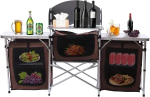 Camping Kitchen Table Camp Kitchen Station with 3 Storage Cupboards Detachable Windscreen Aluminum Camping Table with Storage Foldable Outdoor Cooking Table for Picnics BBQ RV Traveling Brown