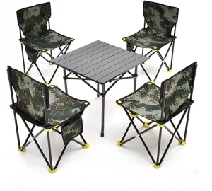 Camping Table Chairs Camouflage Outdoor Folding Table with 4 Chairs, Portable Ultra-Light Aluminum Picnic Table, Handbag is Convenient to Carry and Store (Size : Medium)