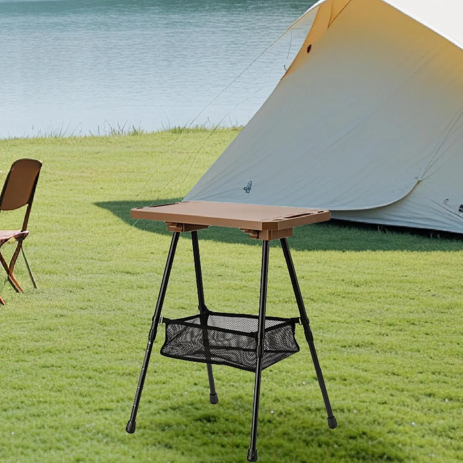 Camping Table Folding Portable Furniture Desk with Mesh Pocket with Adjustable Legs for Garden Trips Backpacking Backyard, Khaki