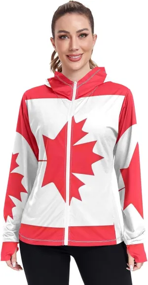 Canada Flag Uv Hoodie Women, UPF 50  Long Sleeve Rash Guard, S-XXL