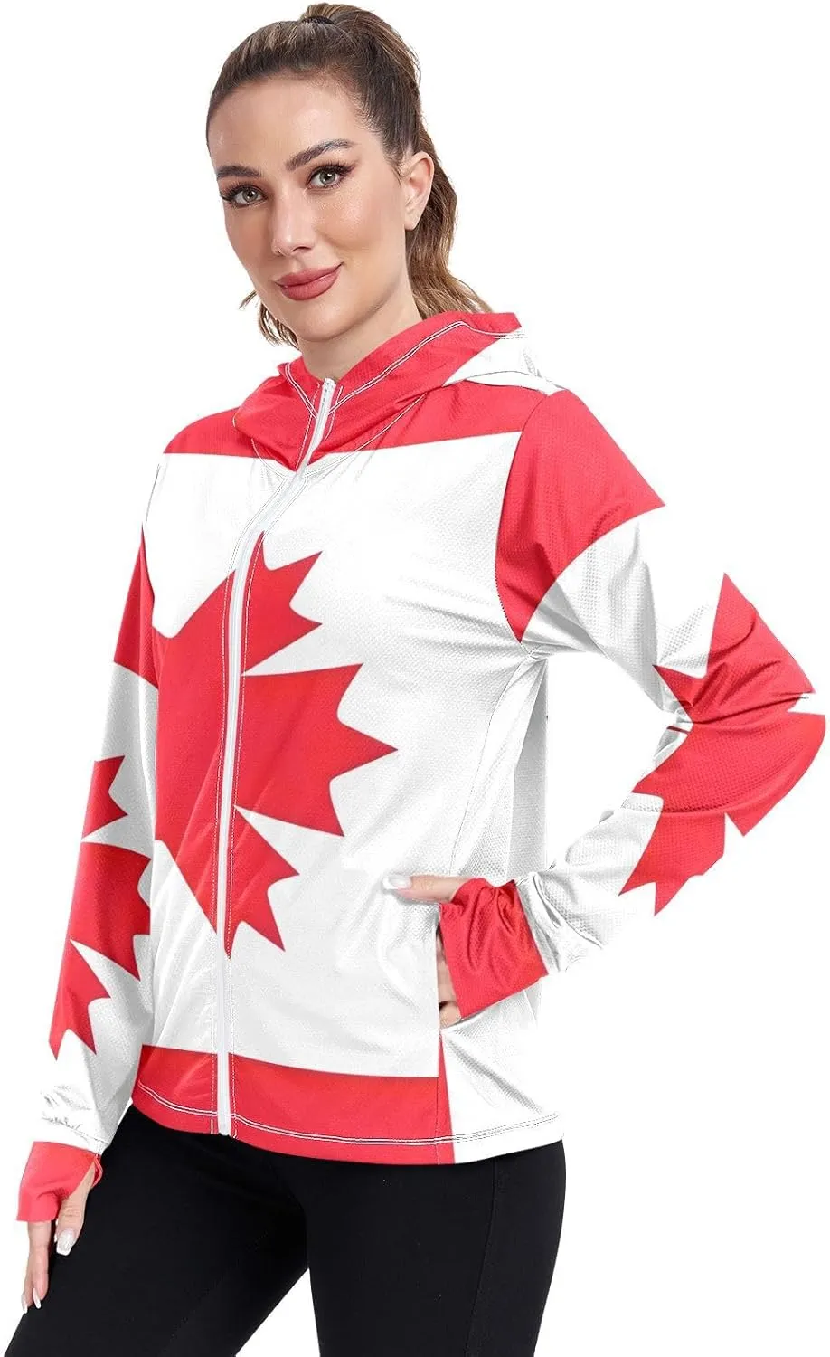 Canada Flag Uv Hoodie Women, UPF 50  Long Sleeve Rash Guard, S-XXL