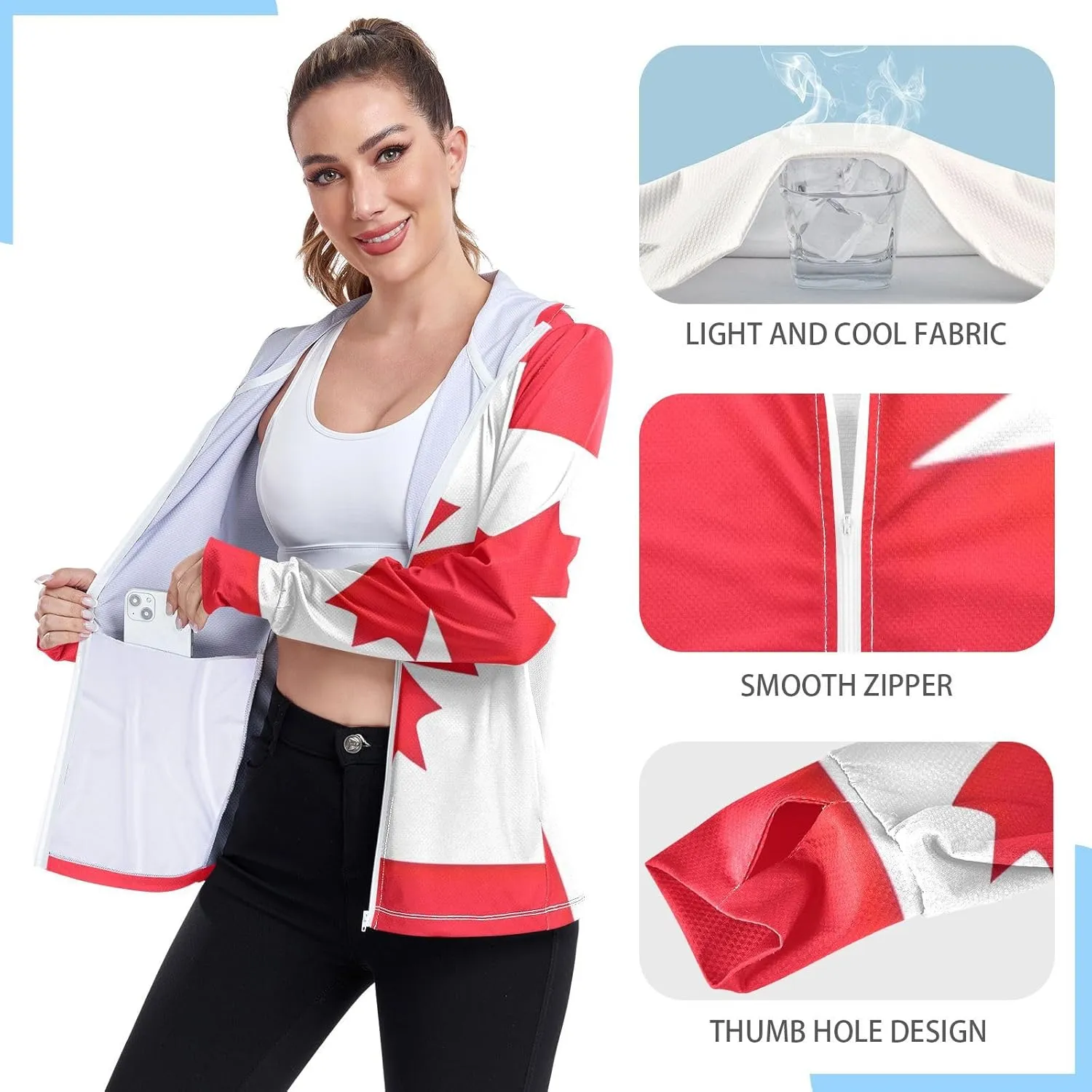 Canada Flag Uv Hoodie Women, UPF 50  Long Sleeve Rash Guard, S-XXL