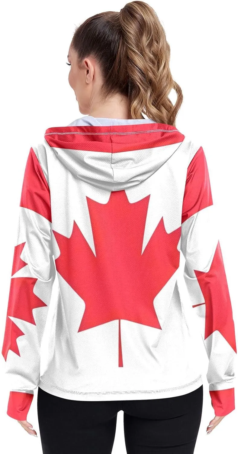 Canada Flag Uv Hoodie Women, UPF 50  Long Sleeve Rash Guard, S-XXL