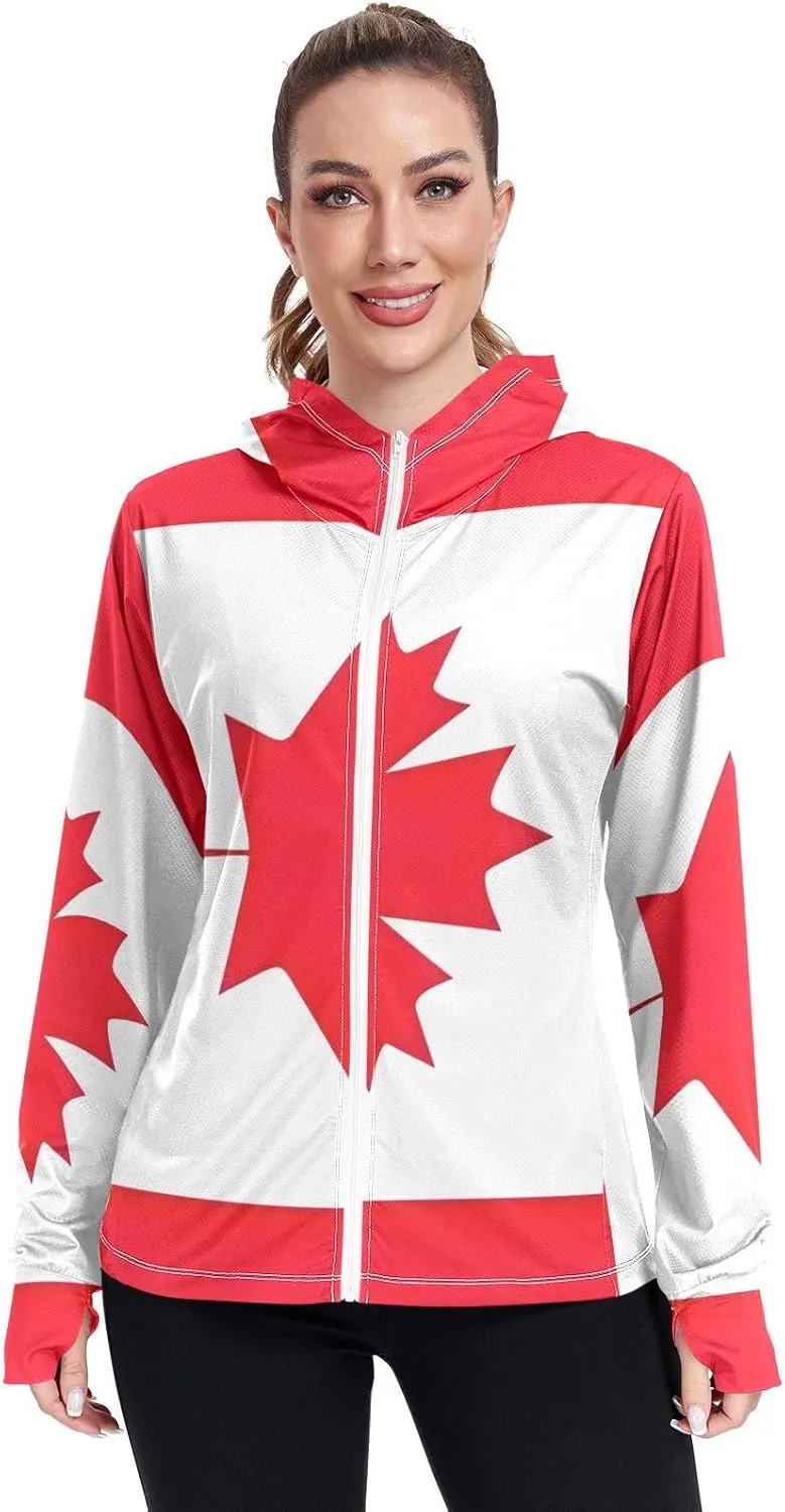 Canada Flag Uv Hoodie Women, UPF 50  Long Sleeve Rash Guard, S-XXL