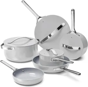 Caraway Deluxe Nonstick Ceramic Cookware Set (16 Piece) Pots, Frying Pans, Lids and Kitchen Storage - PFAS & PFOA Free - Oven Safe Ceramic Pan Set & Compatible with All Stovetops - Gray