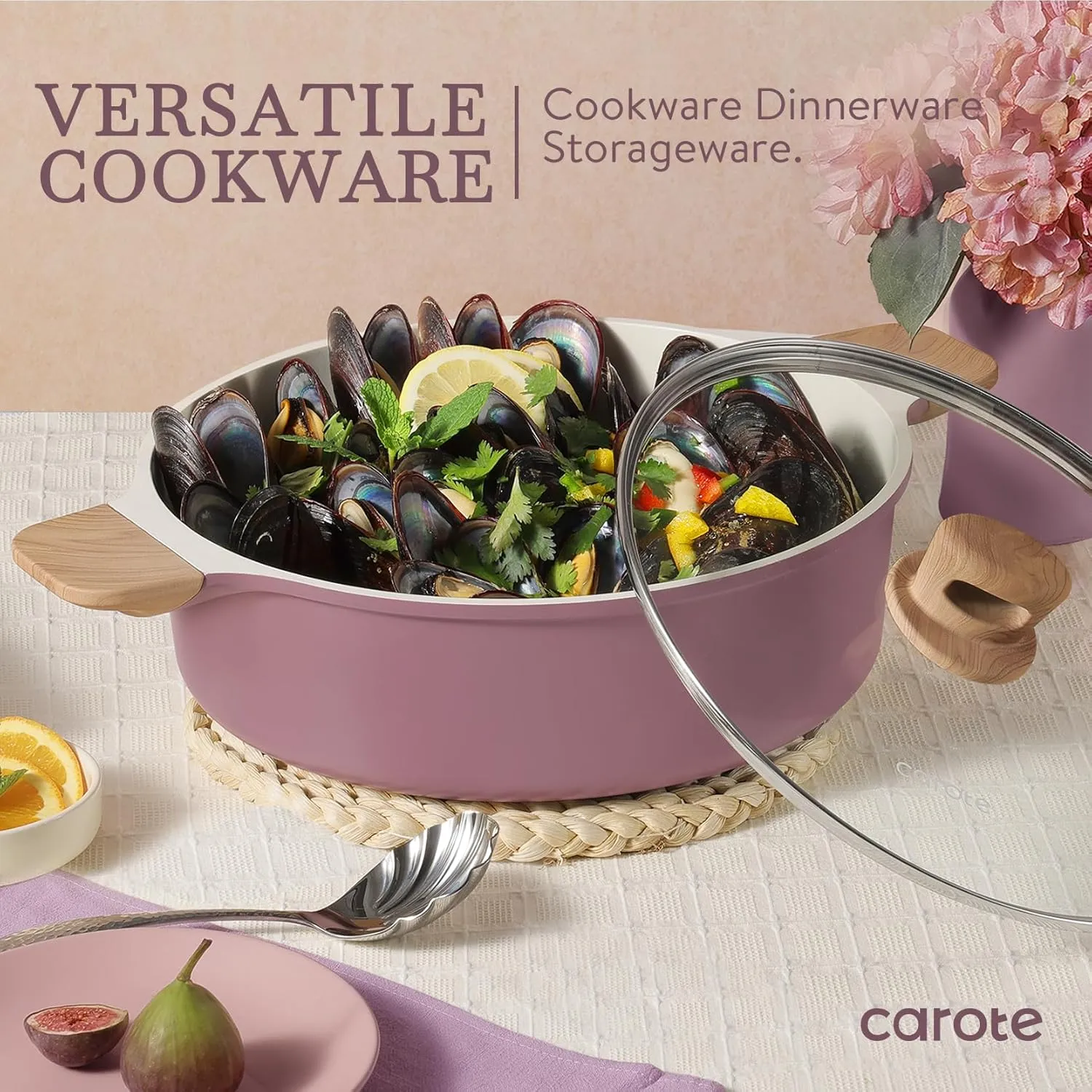 CAROTE 12 Pcs Pots and Pans Set Nonstick, Ceramic Cookware Set, Induction Cookware Non Stick Kitchen Cooking Set with Utensil and Pan Protectors, Purple