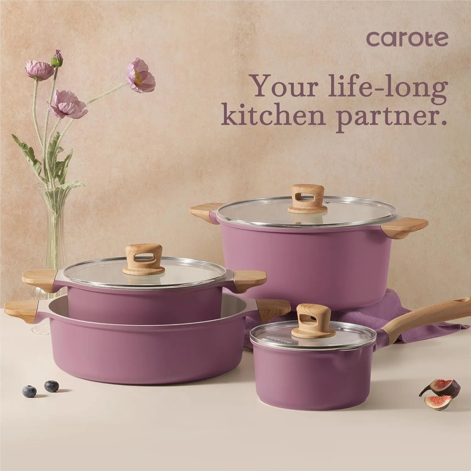 CAROTE 12 Pcs Pots and Pans Set Nonstick, Ceramic Cookware Set, Induction Cookware Non Stick Kitchen Cooking Set with Utensil and Pan Protectors, Purple