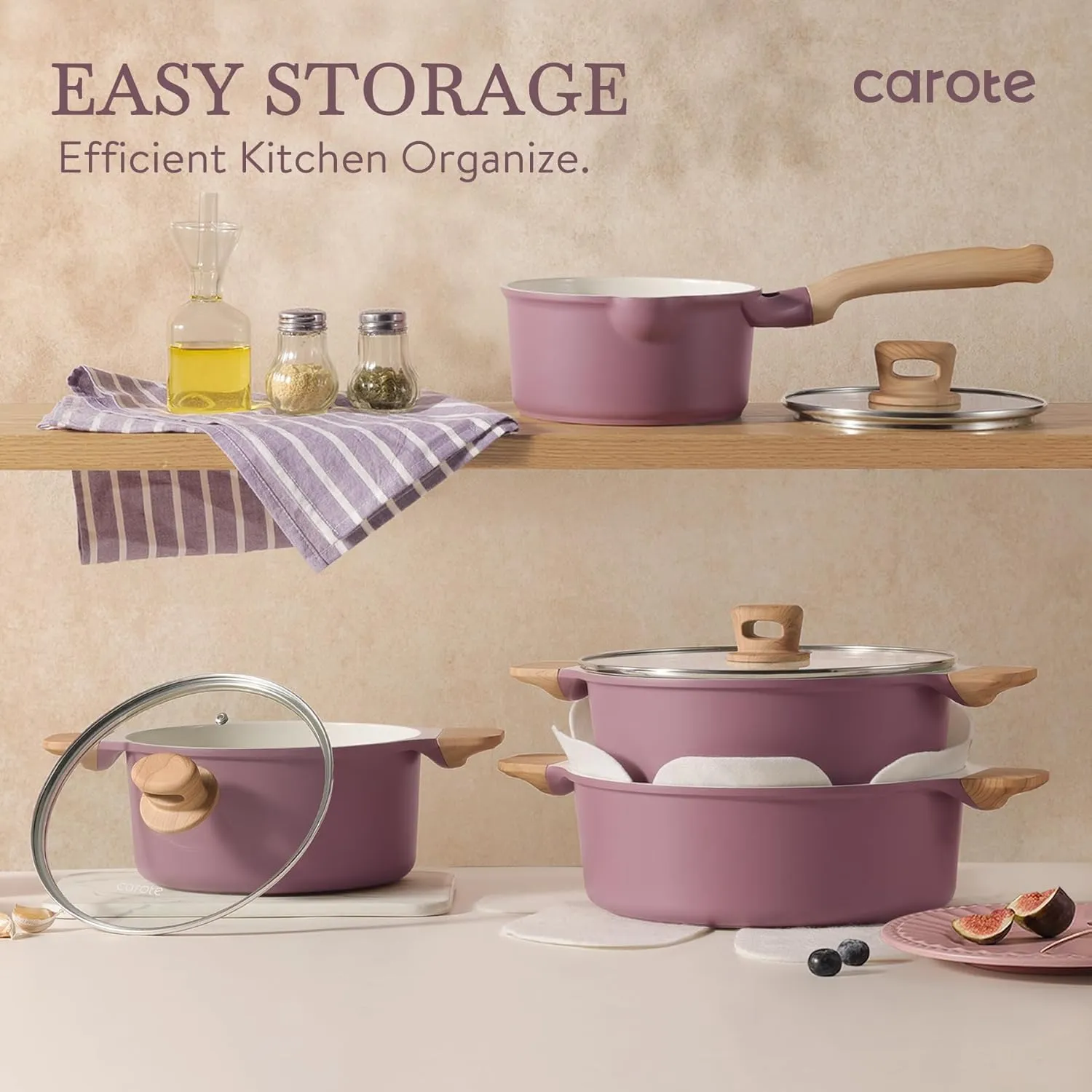 CAROTE 12 Pcs Pots and Pans Set Nonstick, Ceramic Cookware Set, Induction Cookware Non Stick Kitchen Cooking Set with Utensil and Pan Protectors, Purple