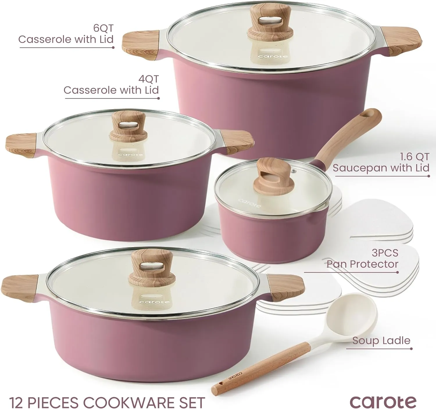 CAROTE 12 Pcs Pots and Pans Set Nonstick, Ceramic Cookware Set, Induction Cookware Non Stick Kitchen Cooking Set with Utensil and Pan Protectors, Purple