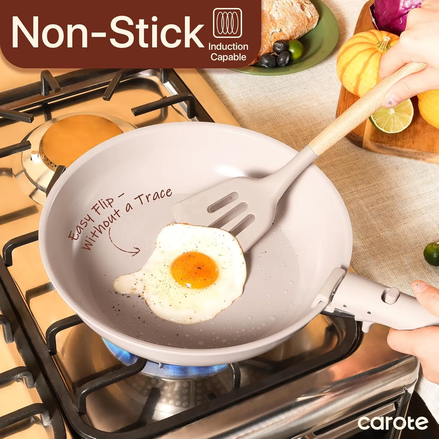 CAROTE 15pcs Ceramic Cookware Set, Pots and Pans Set Non Stick, Induction Kitchen Casserole Sets, Non Stick RV Set with Detachable Handle, Dishwasher/Oven Safe, Taupe