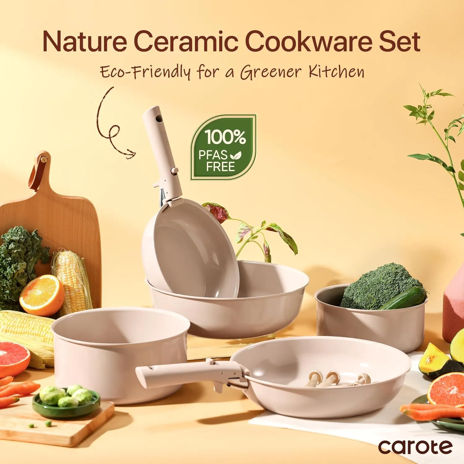 CAROTE 15pcs Ceramic Cookware Set, Pots and Pans Set Non Stick, Induction Kitchen Casserole Sets, Non Stick RV Set with Detachable Handle, Dishwasher/Oven Safe, Taupe