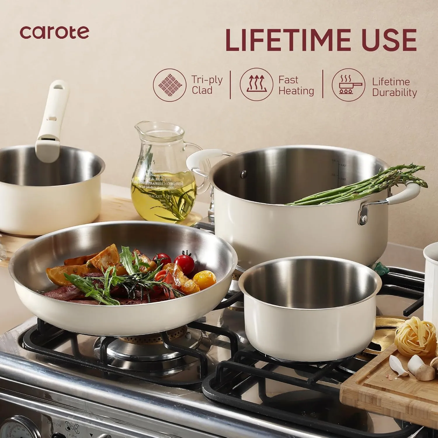 CAROTE 16Pcs Stainless Steel Cookware Set With Detachable/Removeble Handle Set, Space Saving Pots and Pans Set, RV Camping Set, Outer Ceramic Layer Nonstick, Dishwasher/Oven Safe, Kitchen Cooking Set