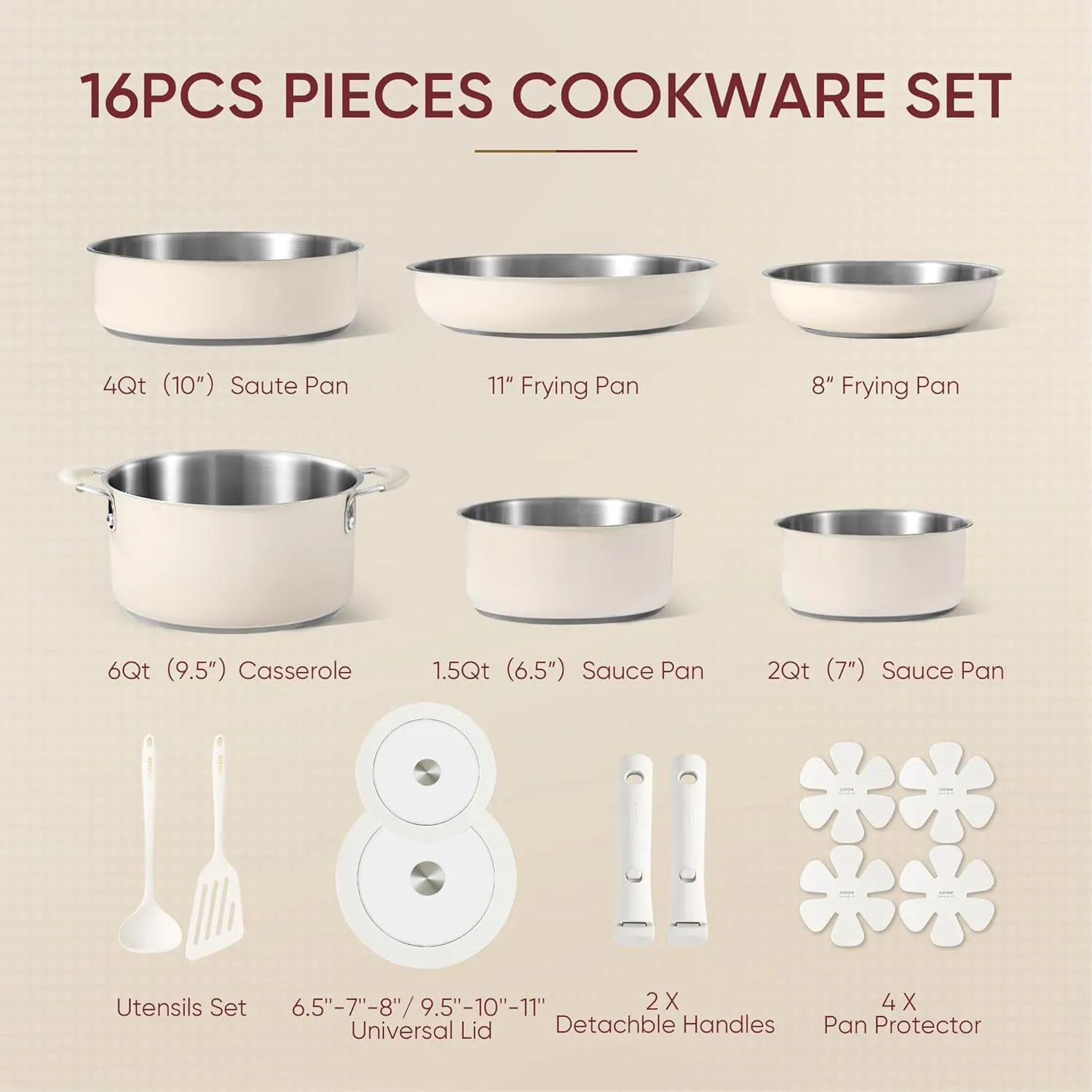 CAROTE 16Pcs Stainless Steel Cookware Set With Detachable/Removeble Handle Set, Space Saving Pots and Pans Set, RV Camping Set, Outer Ceramic Layer Nonstick, Dishwasher/Oven Safe, Kitchen Cooking Set
