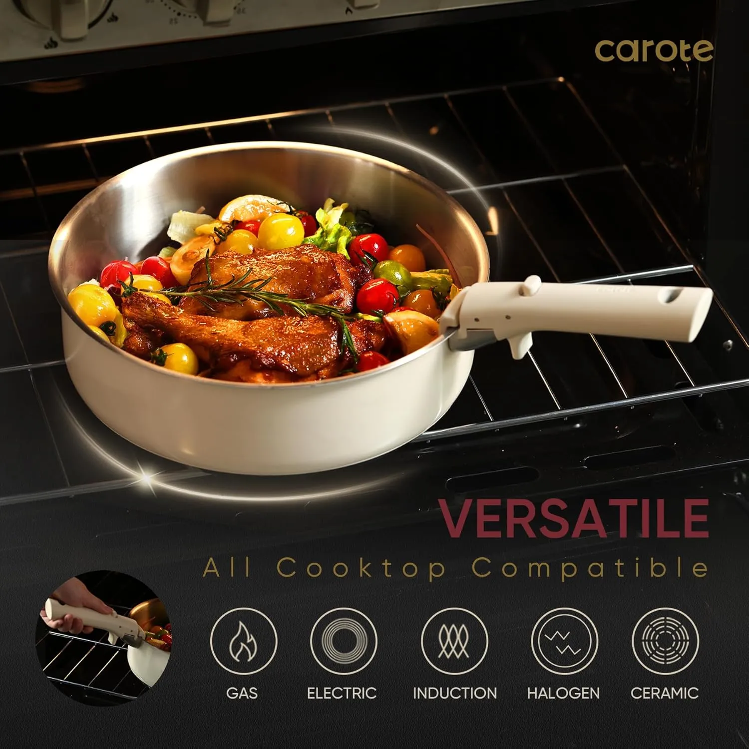 CAROTE 16Pcs Stainless Steel Cookware Set With Detachable/Removeble Handle Set, Space Saving Pots and Pans Set, RV Camping Set, Outer Ceramic Layer Nonstick, Dishwasher/Oven Safe, Kitchen Cooking Set