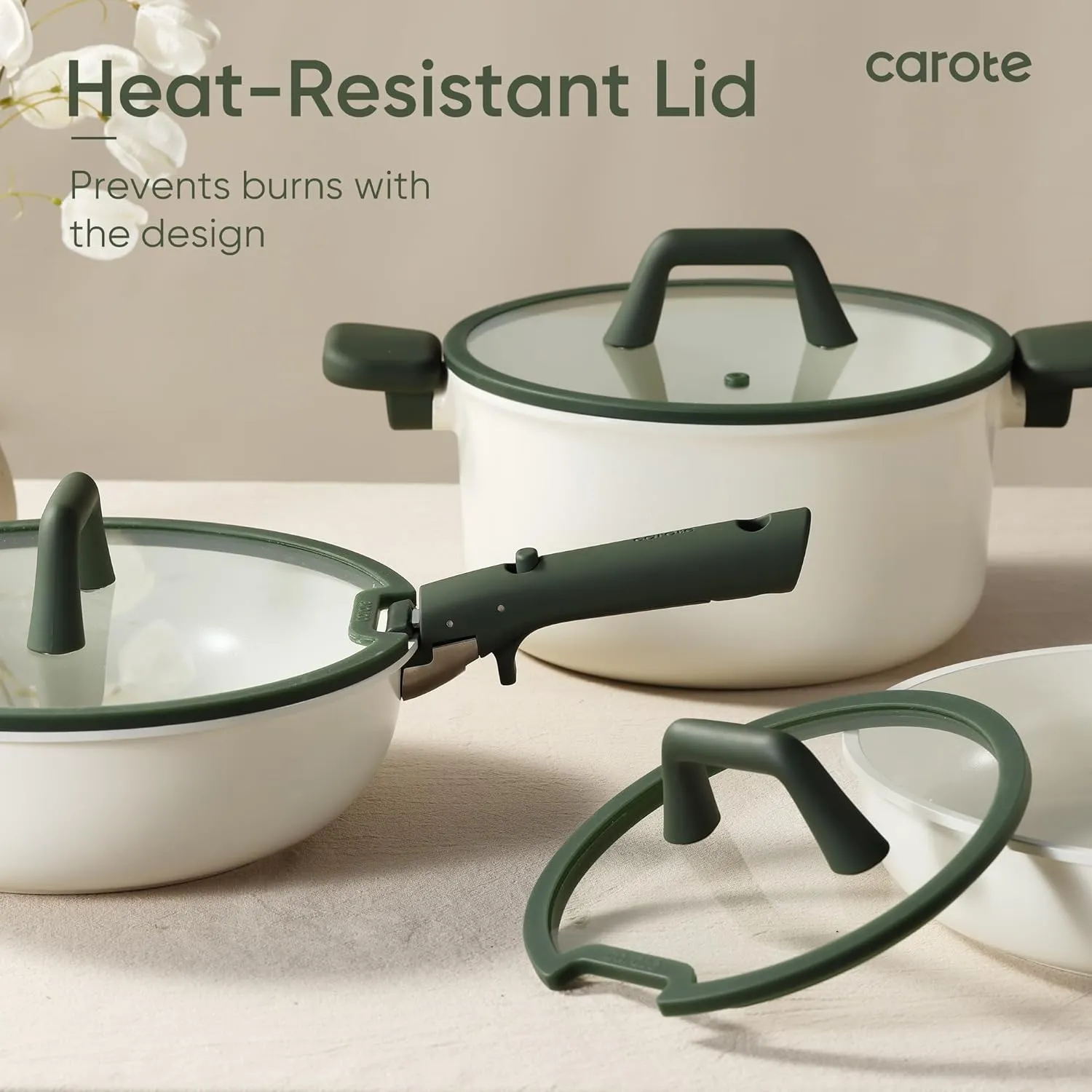 CAROTE 18pcs Ceramic Cookware Set, Pots and Pans Set, Induction Nonstick Kitchen,Non Stick RV Cookware Set with Detachable Handle, Dishwasher/Oven Safe, Green