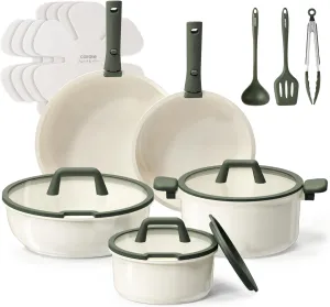 CAROTE 18pcs Ceramic Cookware Set, Pots and Pans Set, Induction Nonstick Kitchen,Non Stick RV Cookware Set with Detachable Handle, Dishwasher/Oven Safe, Green