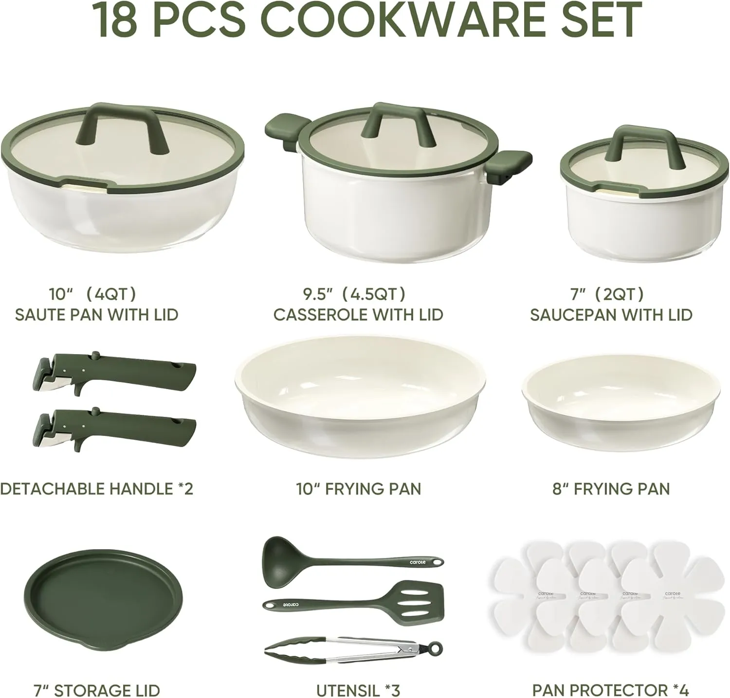 CAROTE 18pcs Ceramic Cookware Set, Pots and Pans Set, Induction Nonstick Kitchen,Non Stick RV Cookware Set with Detachable Handle, Dishwasher/Oven Safe, Green