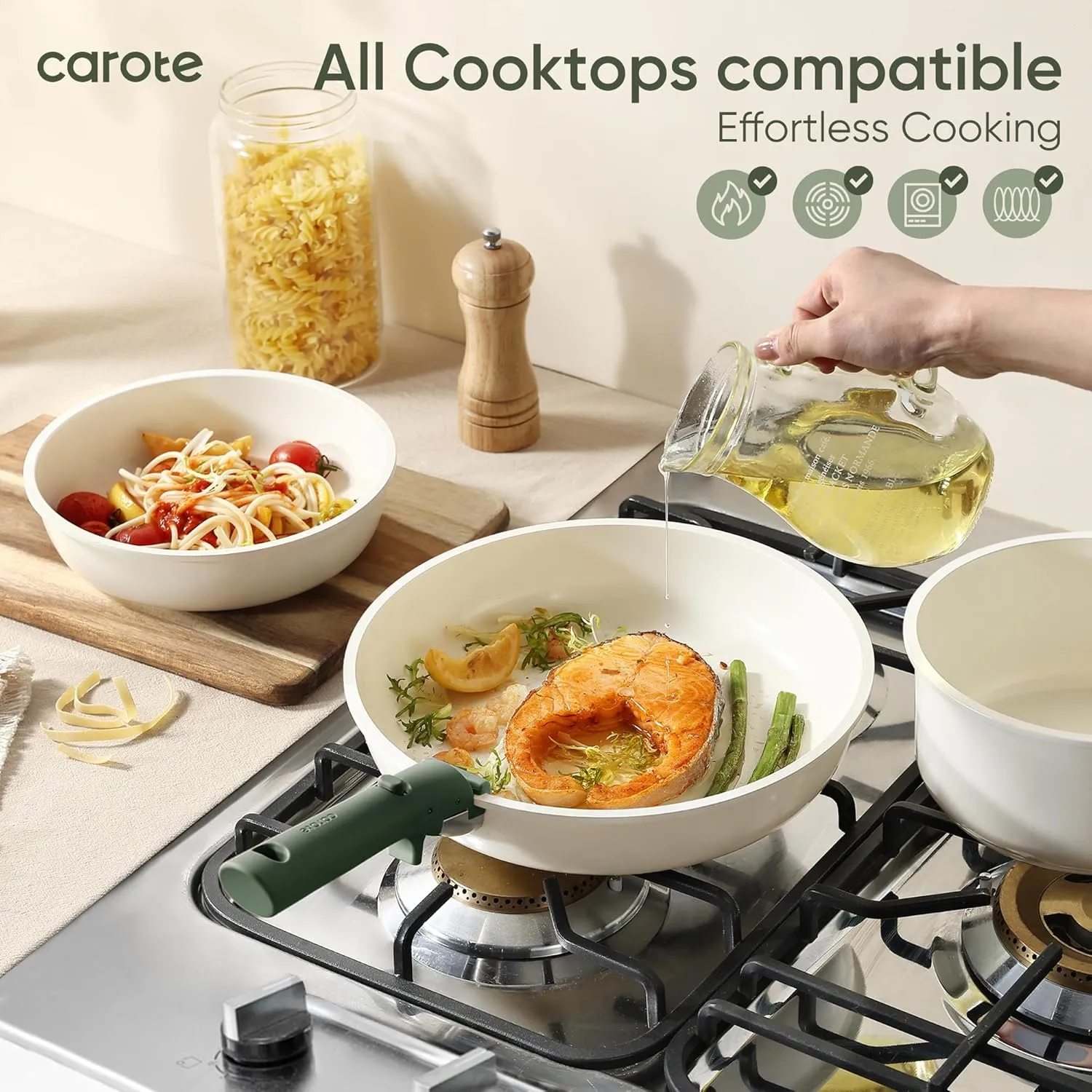 CAROTE 18pcs Ceramic Cookware Set, Pots and Pans Set, Induction Nonstick Kitchen,Non Stick RV Cookware Set with Detachable Handle, Dishwasher/Oven Safe, Green
