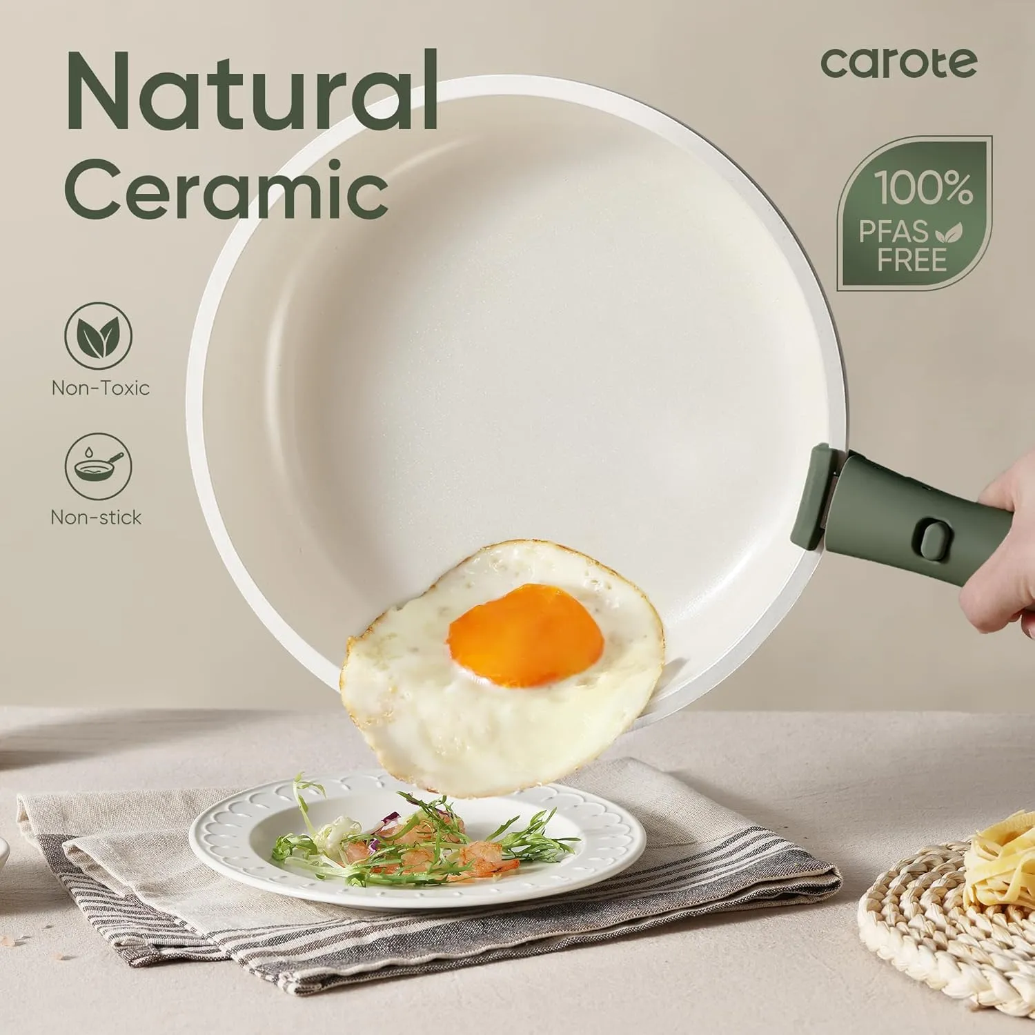 CAROTE 18pcs Ceramic Cookware Set, Pots and Pans Set, Induction Nonstick Kitchen,Non Stick RV Cookware Set with Detachable Handle, Dishwasher/Oven Safe, Green