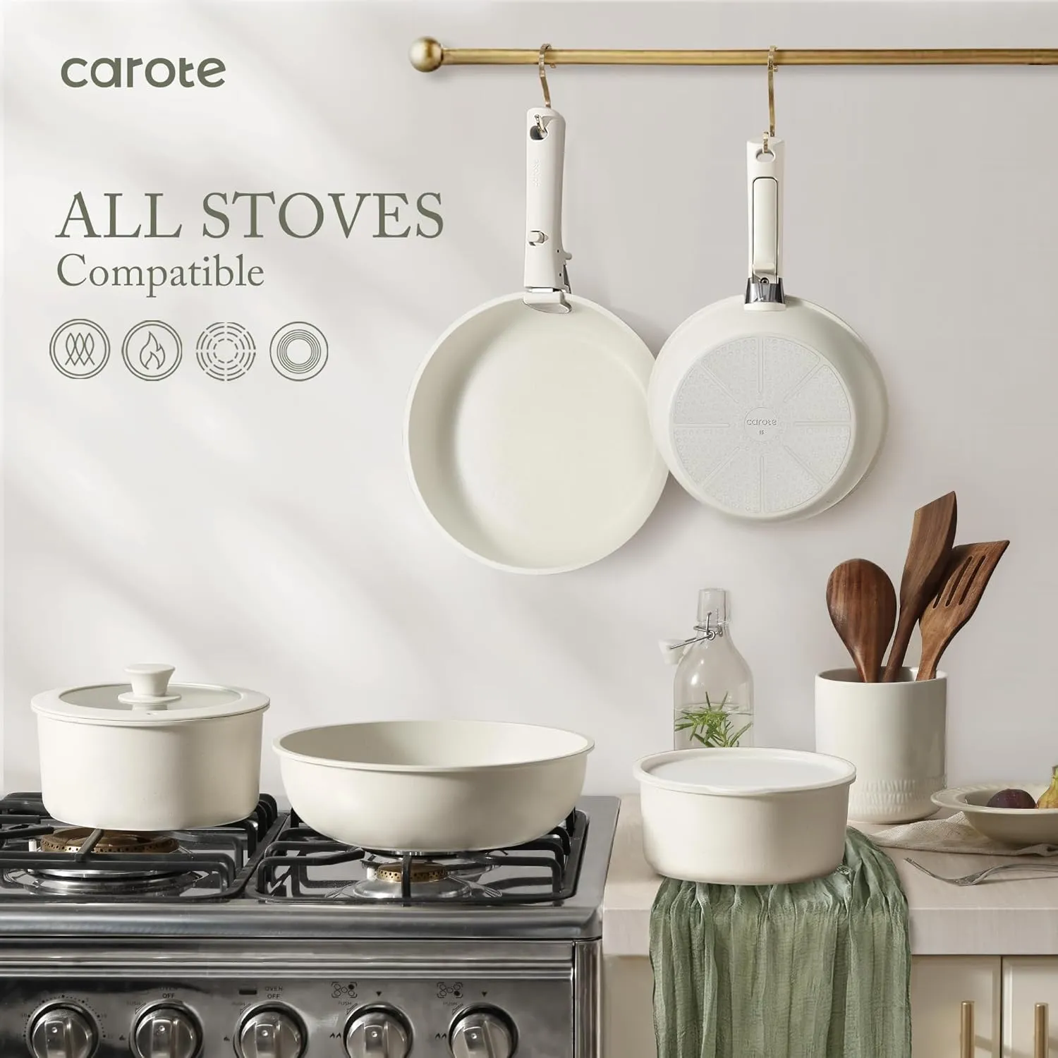 CAROTE Pots and Pans Set Non Stick, 15pcs Cookware Sets, Dishwasher/Oven/Fridge Safe, Kitchen Set, Space Saving Pots Set, Nonstick Set with Versatile Detachable Handle, Induction RV Set