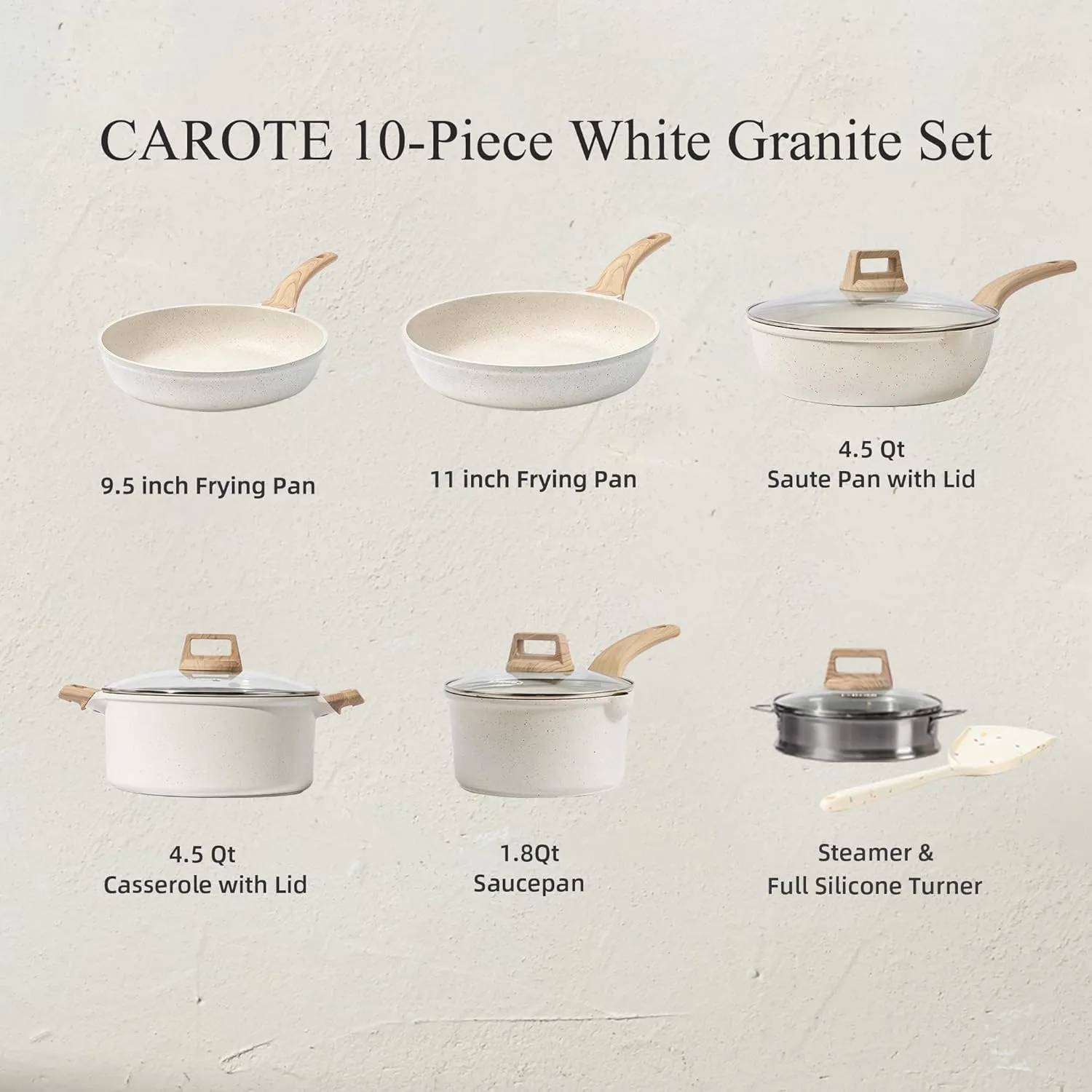 CAROTE Pots and Pans Set Nonstick, White Granite Induction Kitchen Cookware Set, 10 Pcs Non Stick Cooking Set w/Frying Pans & Saucepans(PFOS, PFOA Free)