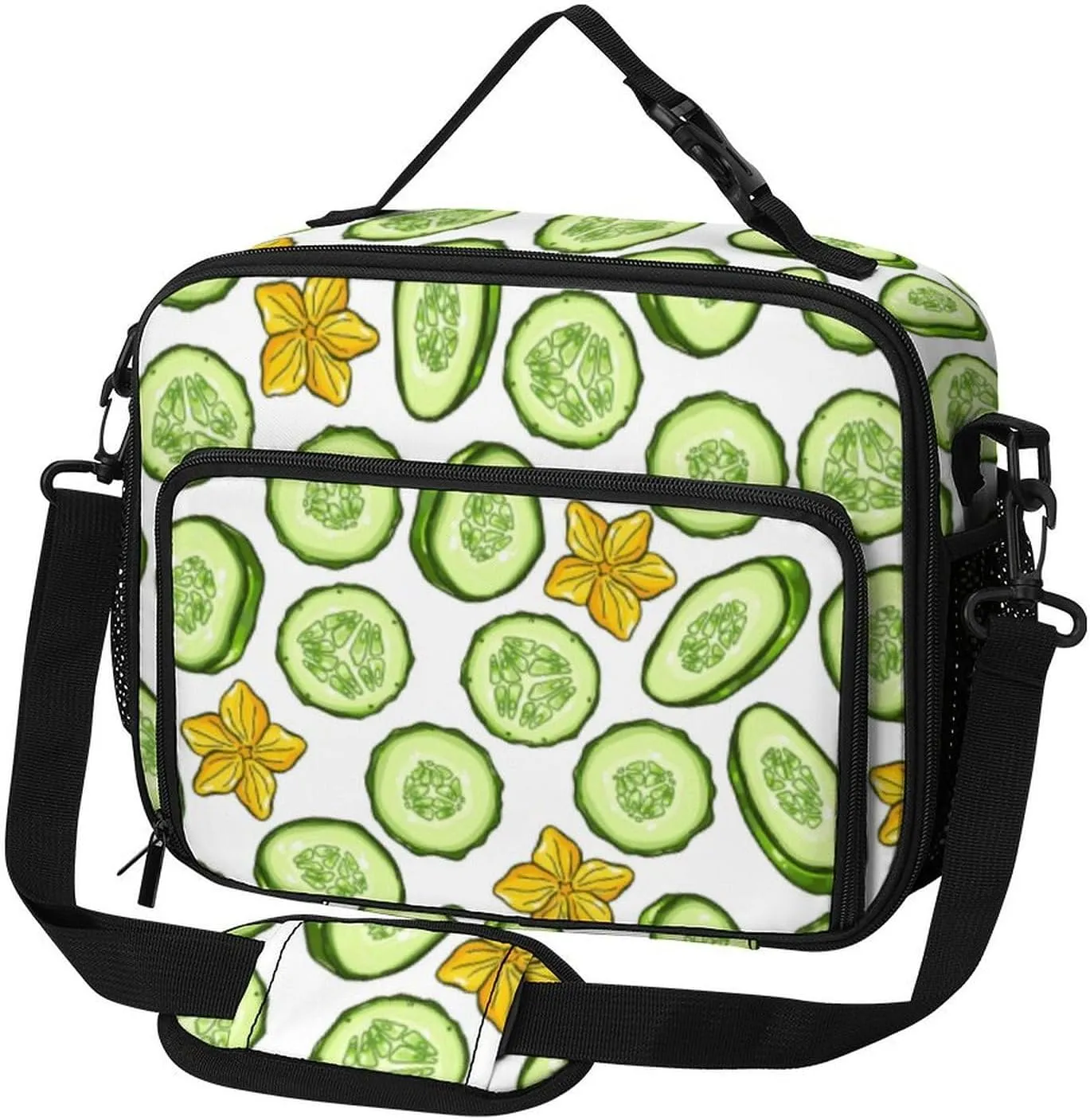Cartoon Cucumber And Flower Pattern Lunch Bag Insulated Lunch Tote Shoulder Bag for Men Women Work Travel Picnic