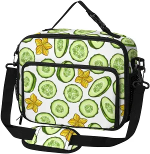 Cartoon Cucumber And Flower Pattern Lunch Bag Insulated Lunch Tote Shoulder Bag for Men Women Work Travel Picnic