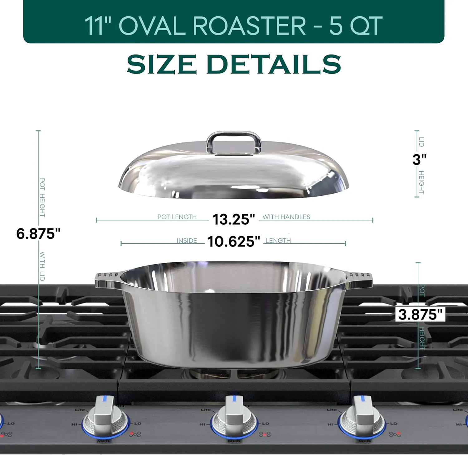 Cast Aluminum Dutch Oven with Lid - 5 Quart Oval Lightweight Pot For Cajun Cookware, Bread Baking & More - Roaster Pan with Silicone Covers & Rack For Even Heat Distribution (11 inch)