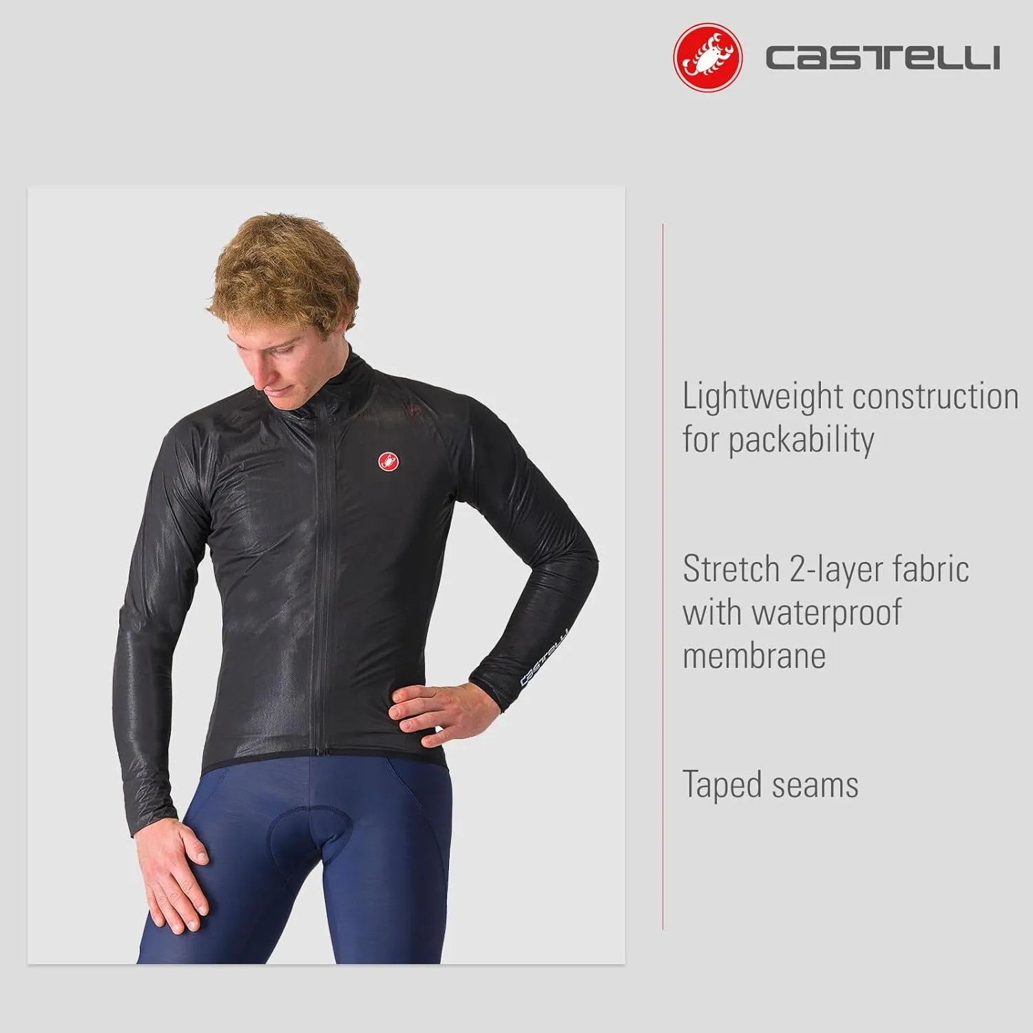 CASTELLI Men’s Squall Shell Jacket, Full Waterproof, Windproof Lightweight Reflective Jacket for Road Cycling & Gravel Biking