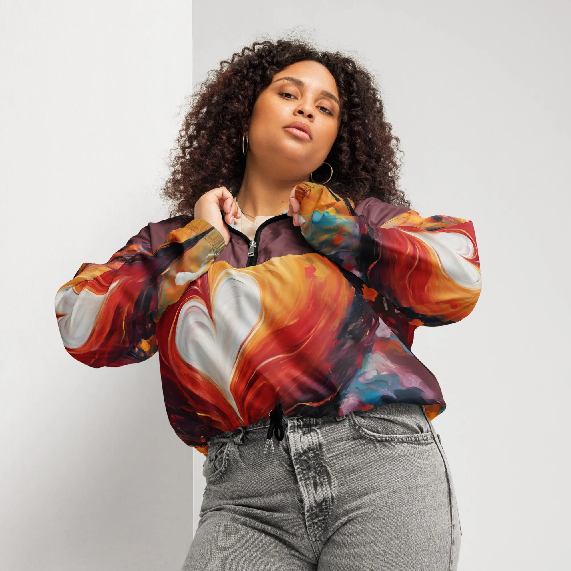 Chaitanya Abara Abstract Heart Women’s Cropped Windbreaker