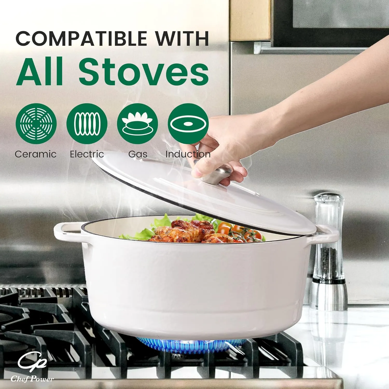 Chef Power Dutch Oven Pot with Lid 6QT, Enameled Cast Iron Dutch Oven for Bread Baking, Braising, Stews, Roasting, Oven Safe Dutch Ovens, Cream White