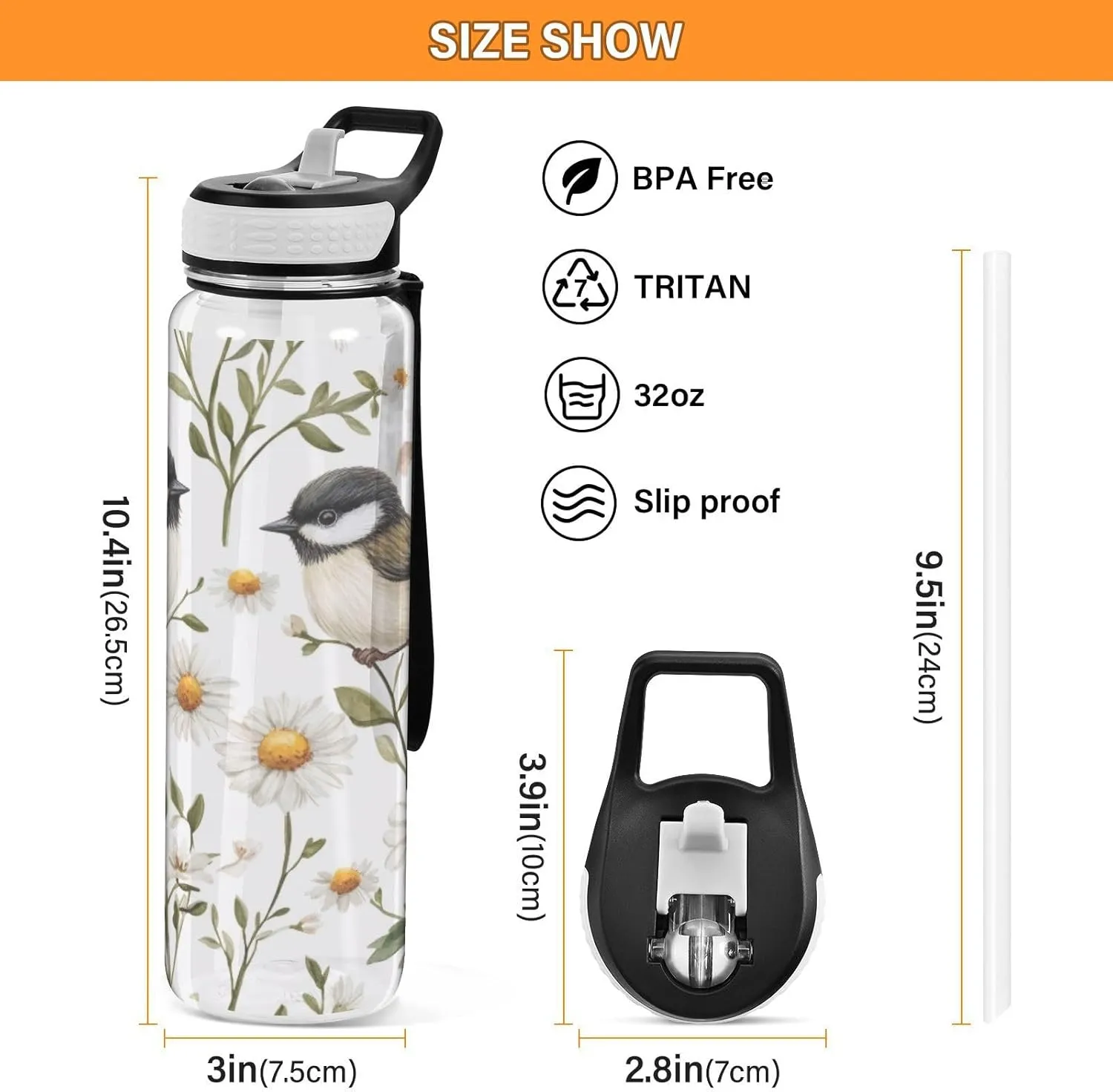 Chickadee Birds 32 oz Water Bottle - Clear Tritan, BPA-Free, LeakProof with Carry Strap for Sports, Gym & Outdoor Activities
