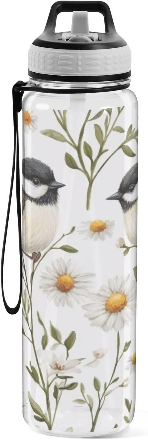 Chickadee Birds 32 oz Water Bottle - Clear Tritan, BPA-Free, LeakProof with Carry Strap for Sports, Gym & Outdoor Activities