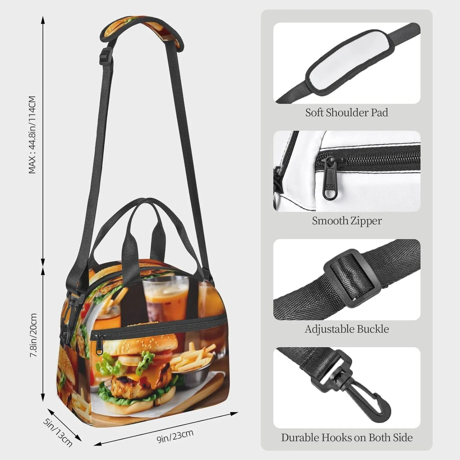 Chicken Leg Burger Drink Insulated Lunch Bag For Women/Men Adjustable Shoulder Strap,Leakproof,Tote Bag For Office Work