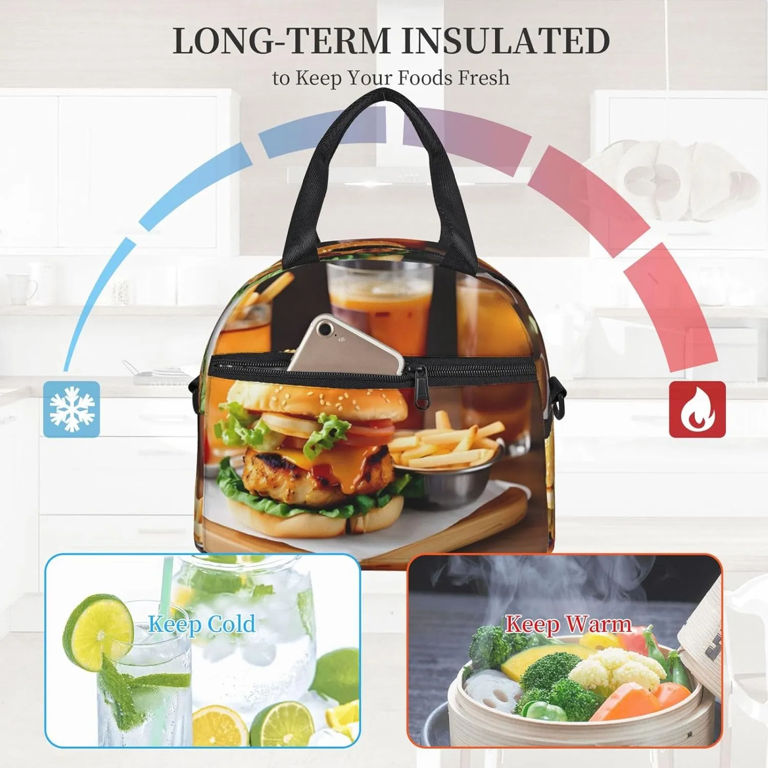 Chicken Leg Burger Drink Insulated Lunch Bag For Women/Men Adjustable Shoulder Strap,Leakproof,Tote Bag For Office Work
