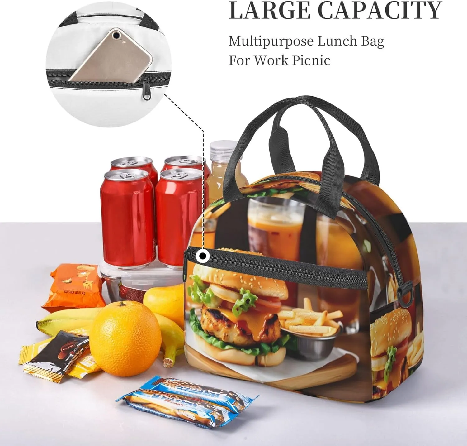 Chicken Leg Burger Drink Insulated Lunch Bag For Women/Men Adjustable Shoulder Strap,Leakproof,Tote Bag For Office Work
