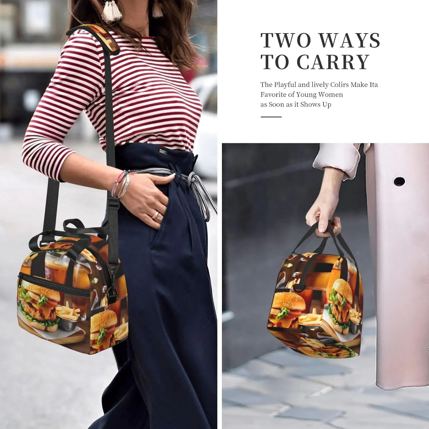 Chicken Leg Burger Drink Insulated Lunch Bag For Women/Men Adjustable Shoulder Strap,Leakproof,Tote Bag For Office Work