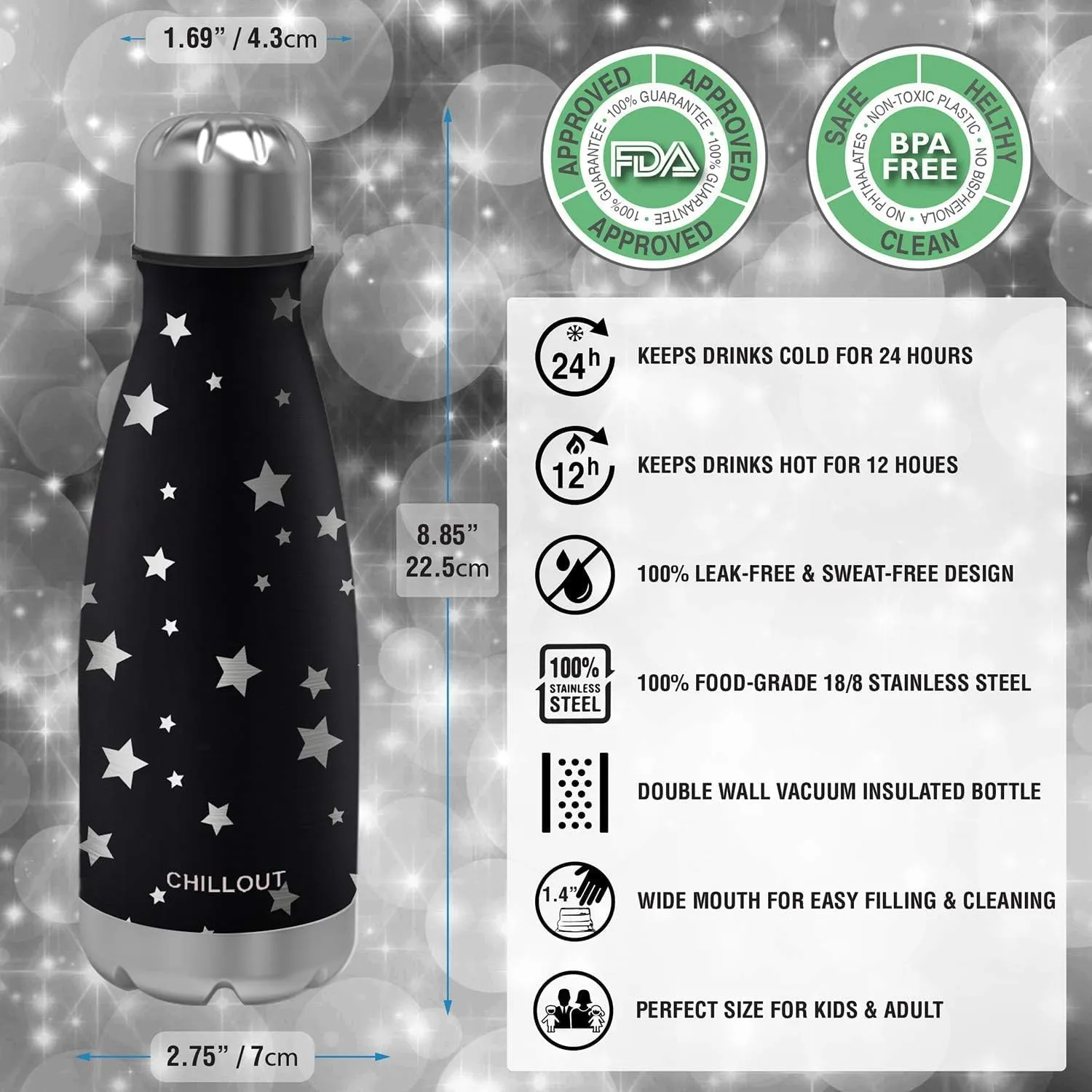 CHILLOUT LIFE Stainless Steel 2 Pack Water Bottle for Kids School: 12 oz Double Wall Insulated Cola Bottle Shape for Cold and Warm Drinks, 2 Set (UV Rainbow - Star Night Sky)