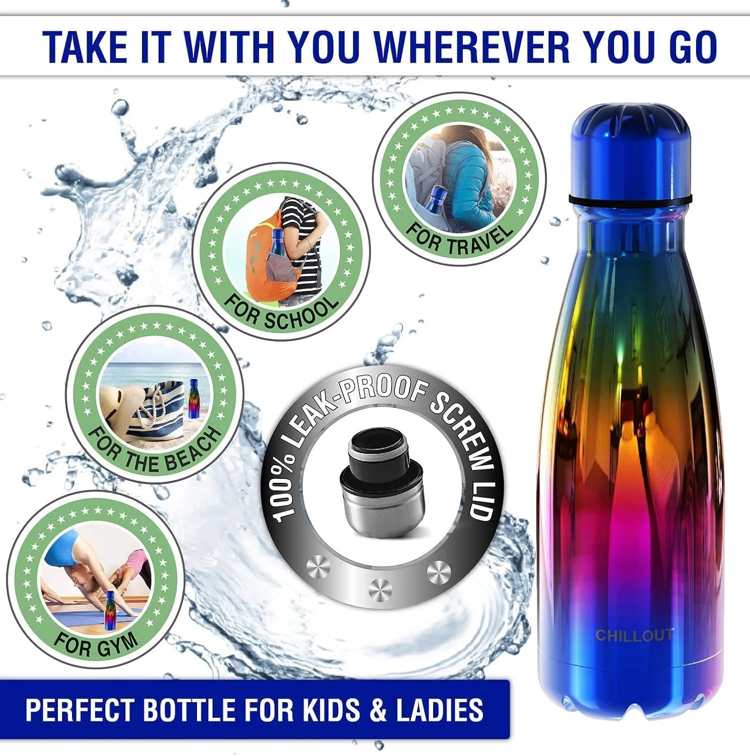 CHILLOUT LIFE Stainless Steel 2 Pack Water Bottle for Kids School: 12 oz Double Wall Insulated Cola Bottle Shape for Cold and Warm Drinks, 2 Set (UV Rainbow - Star Night Sky)