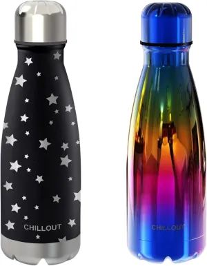 CHILLOUT LIFE Stainless Steel 2 Pack Water Bottle for Kids School: 12 oz Double Wall Insulated Cola Bottle Shape for Cold and Warm Drinks, 2 Set (UV Rainbow - Star Night Sky)
