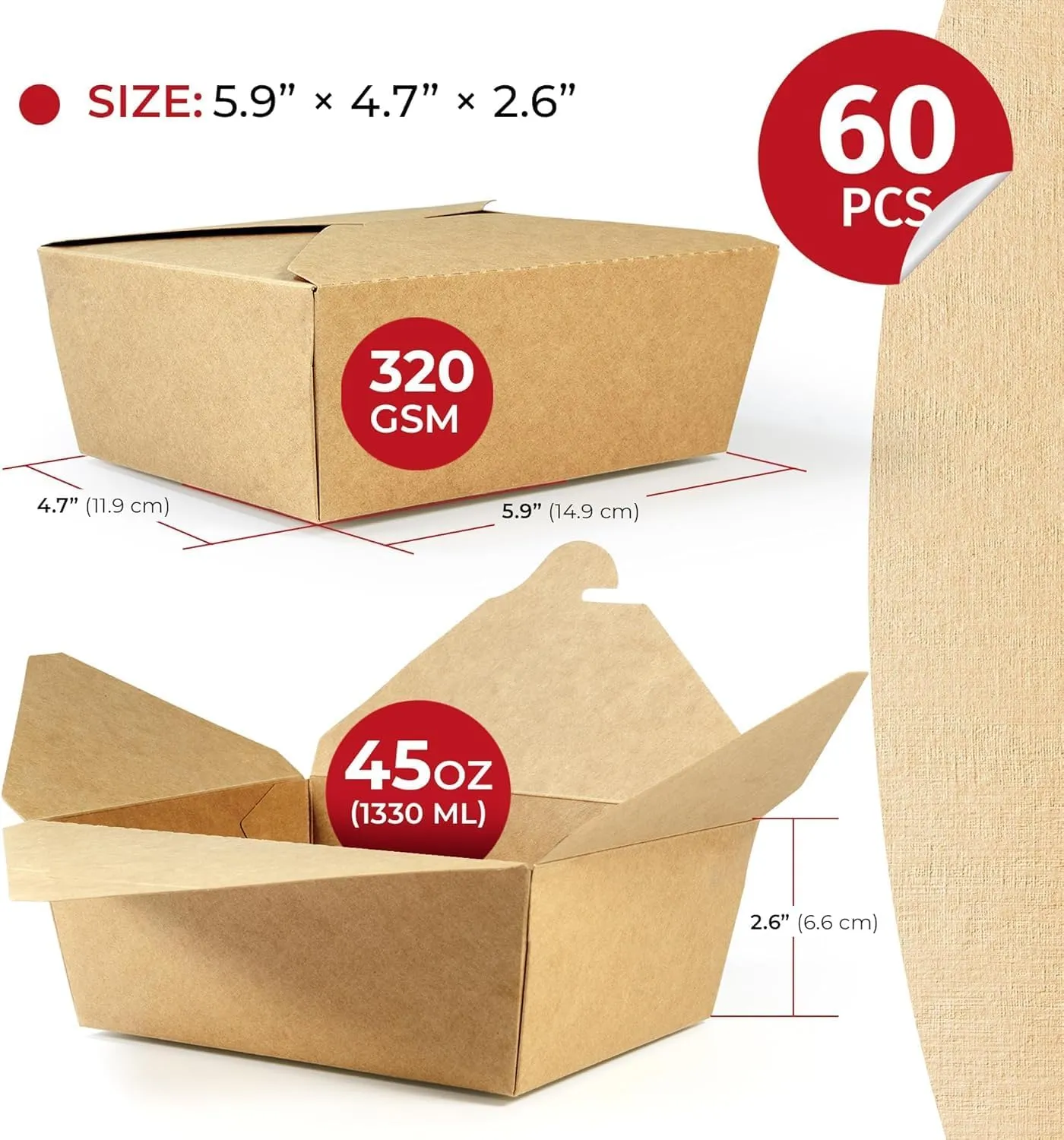 Chinese Takeout Storage Containers (60 Pack) 45oz - Kraft Brown Cardboard Paper Togo - Take Out Boxes -Biodegradable Eco To Go Food For Restaurants Catering Party