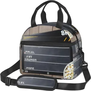 Cinema Movie Clapboard And Popcorn Insulated Lunch Bag For Women/Men Adjustable Shoulder Strap,Leakproof,Tote Bag For Office Work