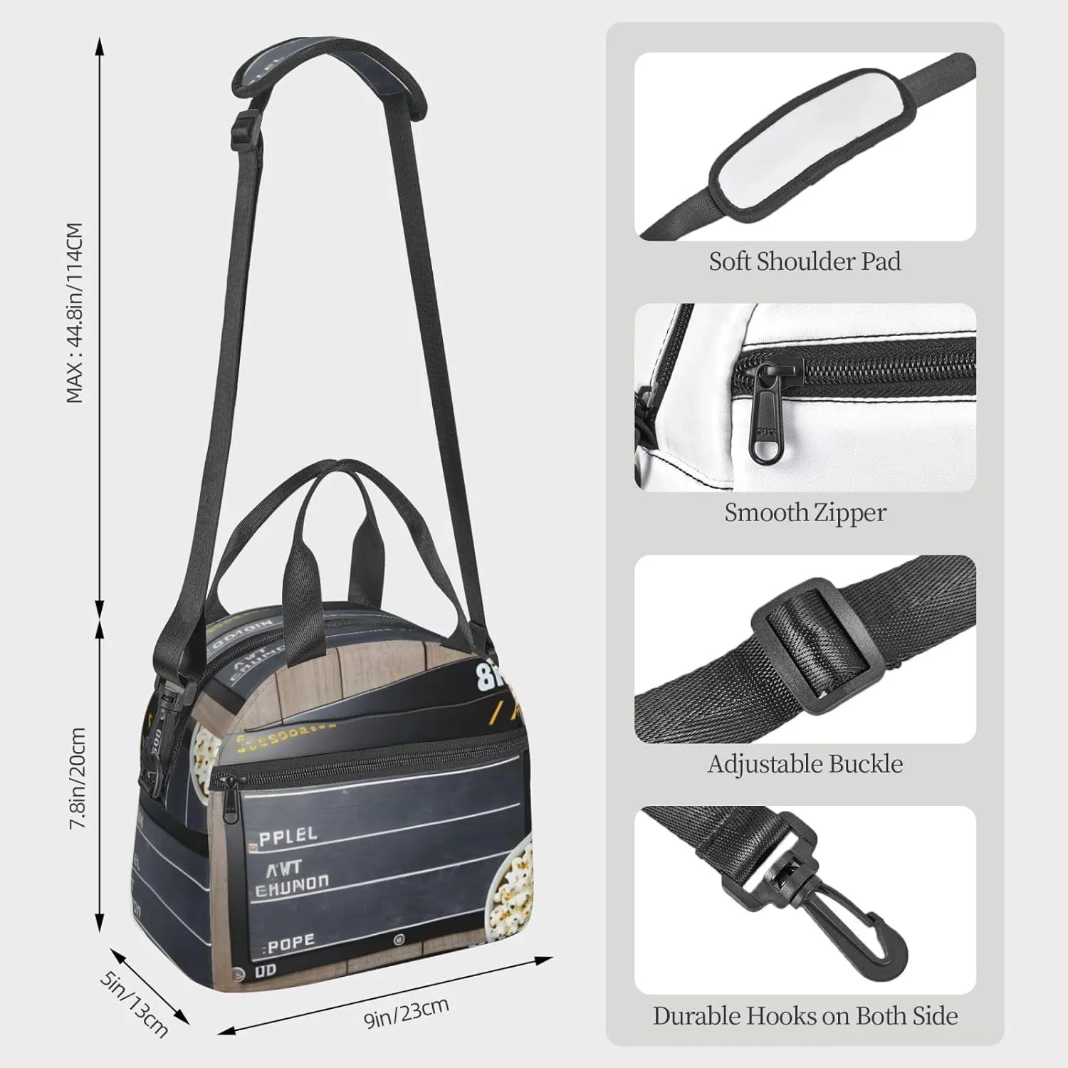 Cinema Movie Clapboard And Popcorn Insulated Lunch Bag For Women/Men Adjustable Shoulder Strap,Leakproof,Tote Bag For Office Work